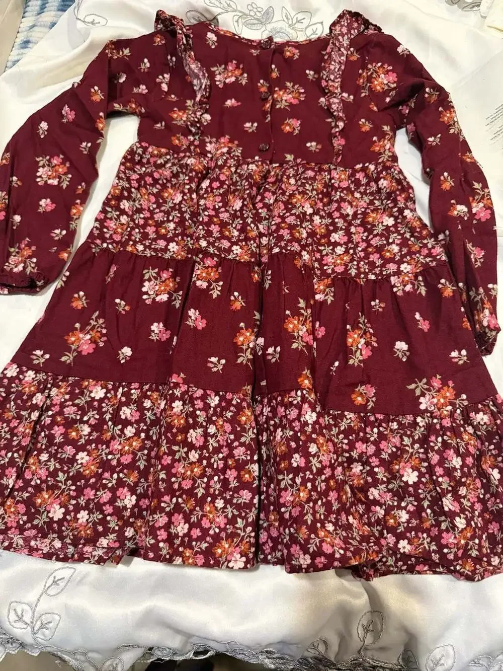 Gymboree Girls Long Sleeve Tiered Floral Twill Dress Burgundy Size 6